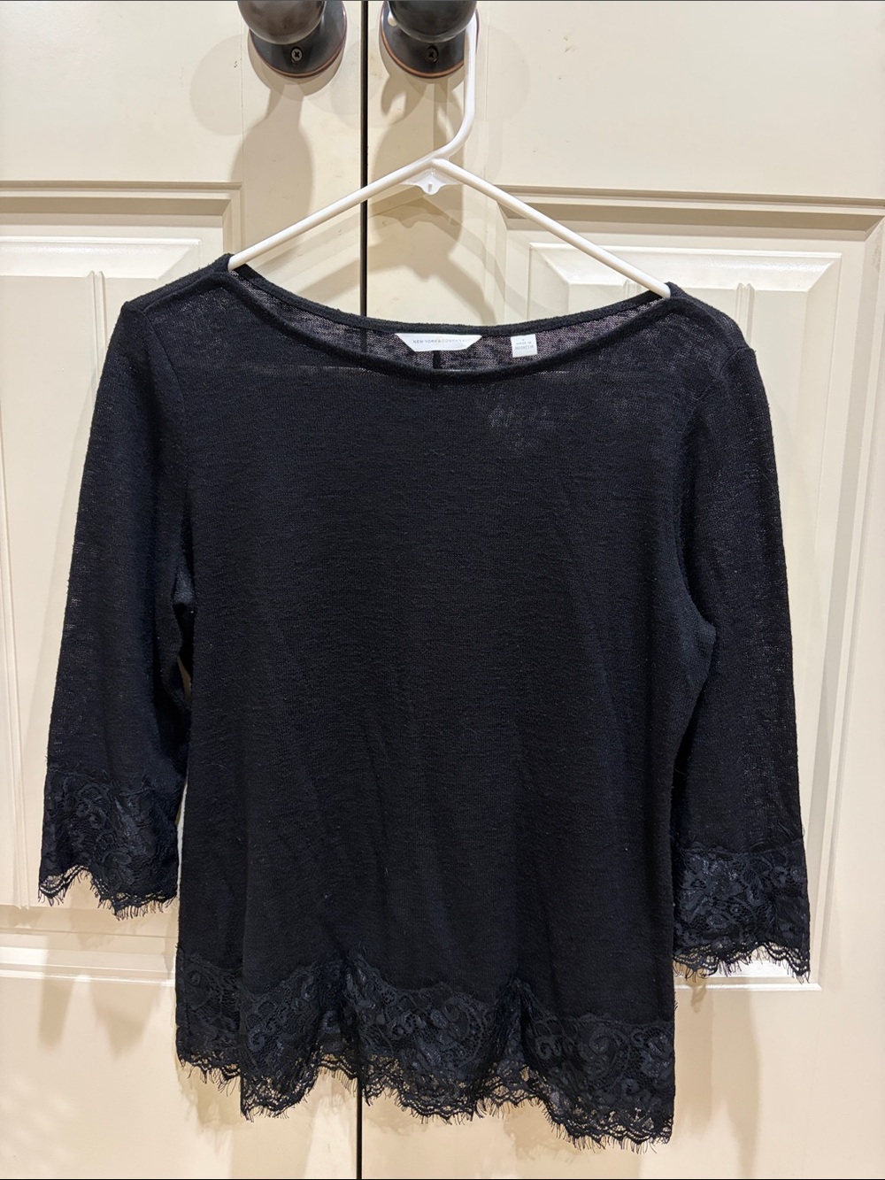 New York & Company Black Lace-Trim 3/4 Sleeve Knit Top